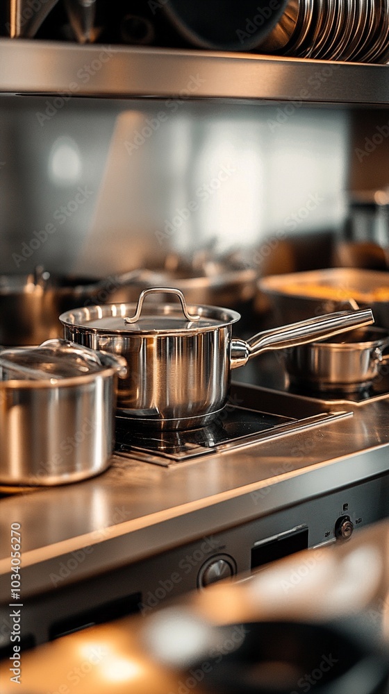 Gleaming stainless steel pots and pans on a modern stovetop, showcasing professional-grade cookware in a sleek kitchen setting. Close-up view captures culinary elegance. Gleaming stainless steel pots and pans on a modern stovetop, showcasing professional-grade cookware in a sleek kitchen setting. Close-up view captures culinary elegance.