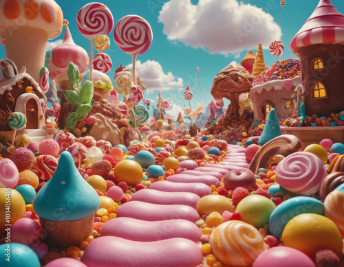 A vibrant candy landscape filled with sweet treats on a sunny day in a whimsical fantasy world. Generative AI