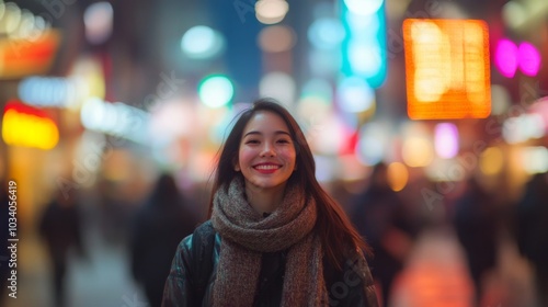 In the heart of a vibrant city at night, a young woman stands smiling widely.