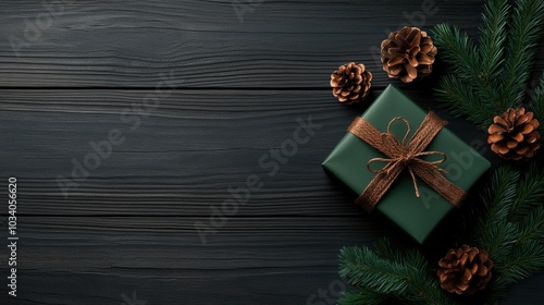 Green gift box with brown ribbon and pine cones on wooden table. photo