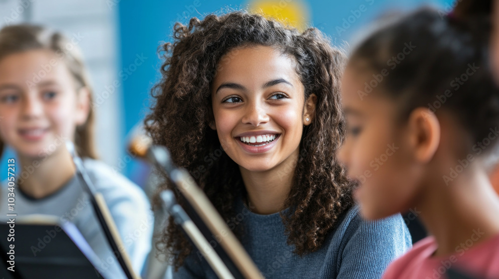 Students enthusiastically learning music from a teacher in a lively classroom setting Students enthusiastically learning music from a teacher in a lively classroom setting