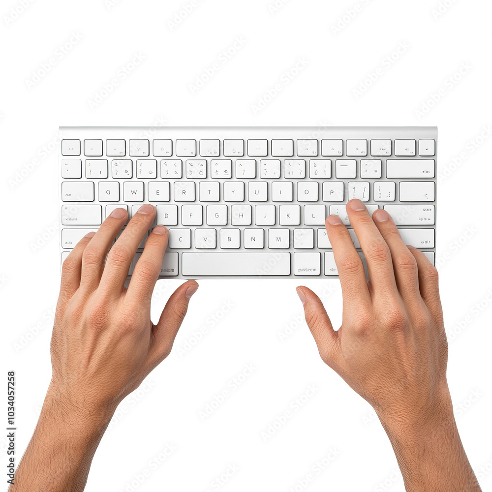 Hands typing on a white keyboard, isolated on a white background.