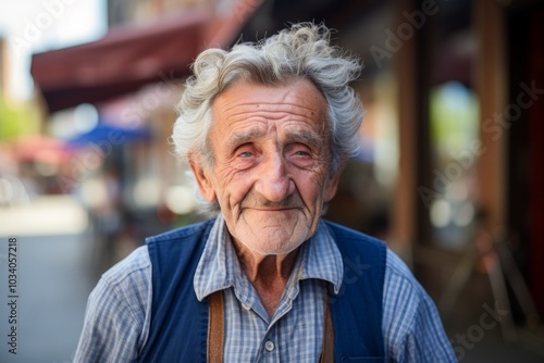 Portrait of a jovial elderly 100 years old man sporting a versatile denim shirt while standing against bustling city street background photo