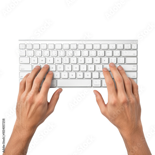 Obraz na płótnie Hands typing on a white keyboard, isolated on a white background. w salonie