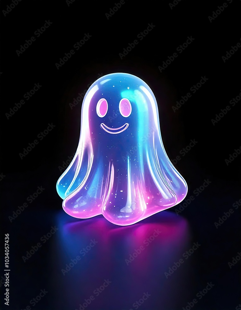 Translucent ghost in the shape of iridescent sparkling glass, 3D render, reflecting rainbow colors, on a black background, minimalist design, fine details, with clear space. Translucent ghost in the shape of iridescent sparkling glass, 3D render, reflecting rainbow colors, on a black background, minimalist design, fine details, with clear space.