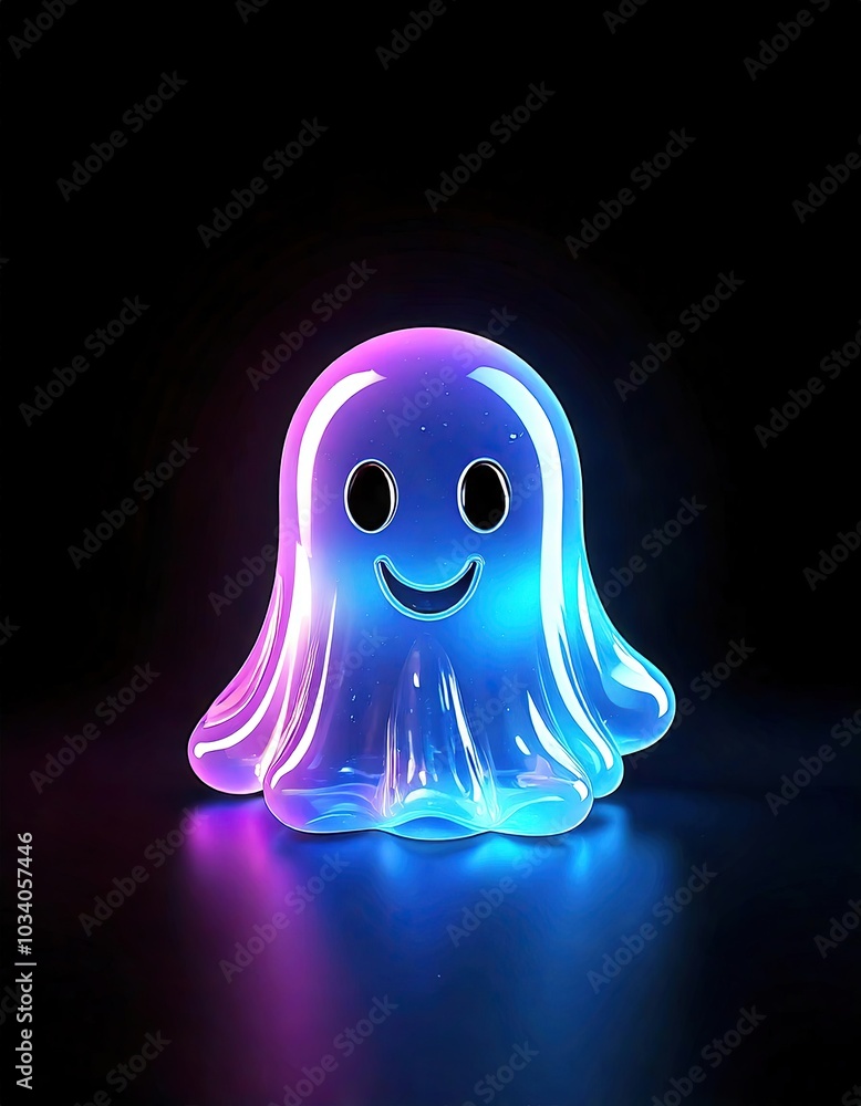 Translucent ghost in the shape of iridescent sparkling glass, 3D render, reflecting rainbow colors, on a black background, minimalist design, fine details, with clear space.
