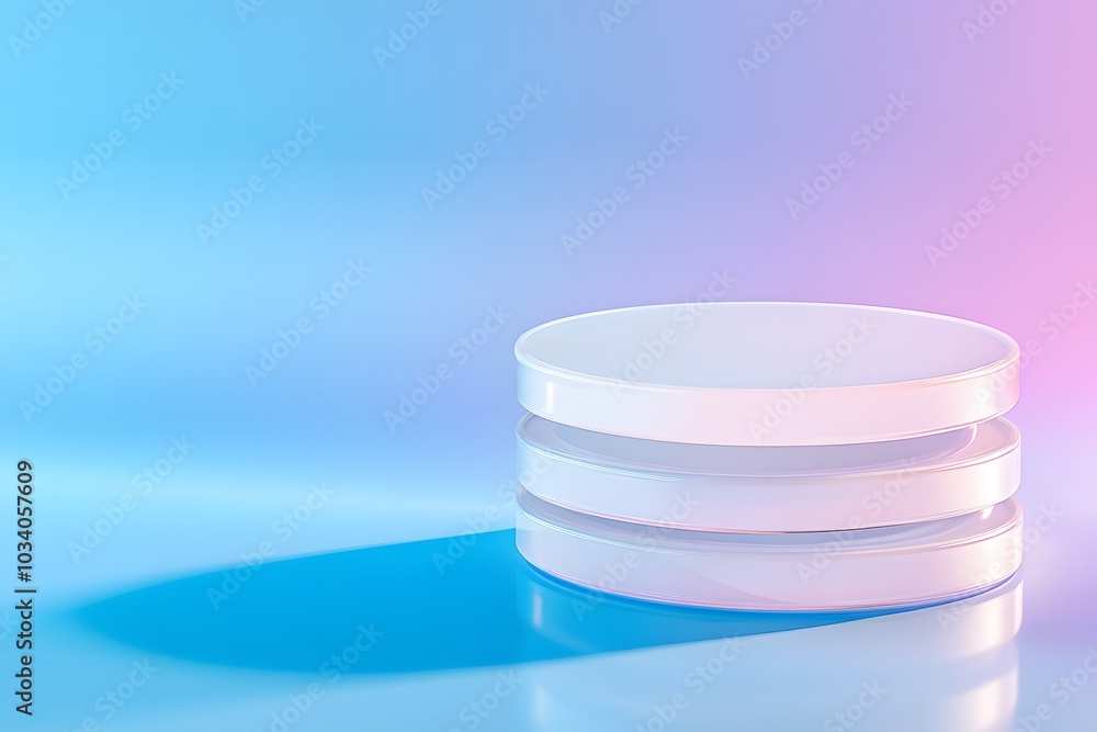 An icon of three circular plates stacked on top, with a blue gradient, frosted glass An icon of three circular plates stacked on top, with a blue gradient, frosted glass