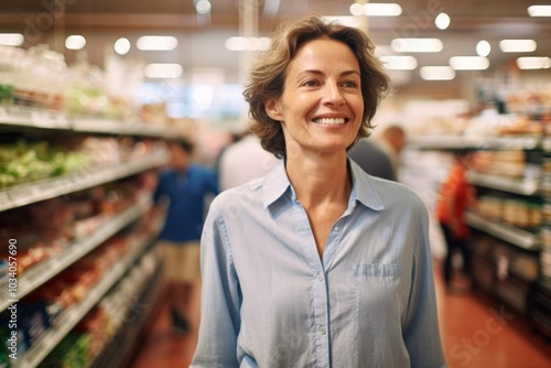 Portrait of a cheerful woman in her 40s wearing a simple cotton shirt over busy supermarket aisle background