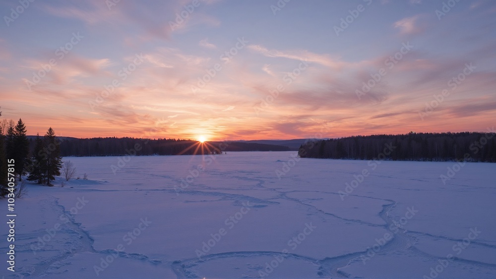 Winter sunset over a frozen lake with golden and pink hues, calm and peaceful scene, wide-angle view Winter sunset over a frozen lake with golden and pink hues, calm and peaceful scene, wide-angle view
