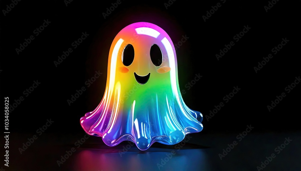 Obraz premium Rainbow ghost with a glossy effect, 3D render, vibrant and colorful, on a black background, minimalist design, with clear copy space.