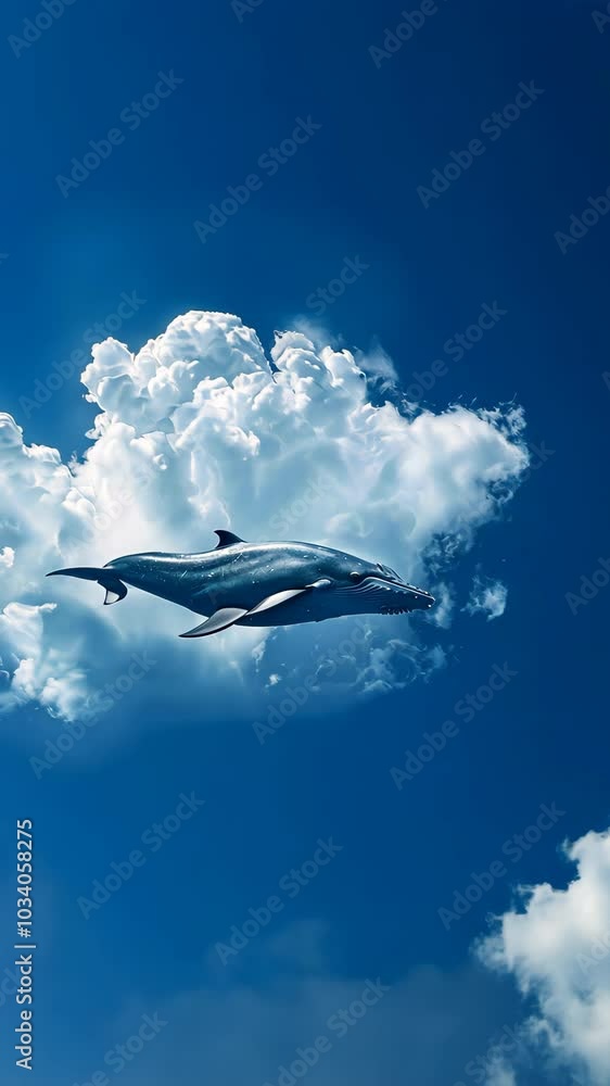 Whale swims gracefully through a bright blue sky, surrounded by fluffy white clouds, creating a surreal and dreamlike scene Whale swims gracefully through a bright blue sky, surrounded by fluffy white clouds, creating a surreal and dreamlike scene