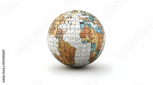 3D Levitating Policy Puzzle Globe Concept - Close-Up of Interlocking Puzzle Pieces Hovering and Rotating, Revealing Global Policy Areas, Isolated on White Background - 3D Icon for Policy Development