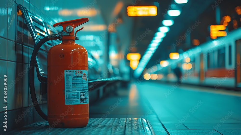 Fire extinguisher in a subway station with blurred train in the background Fire extinguisher in a subway station with blurred train in the background