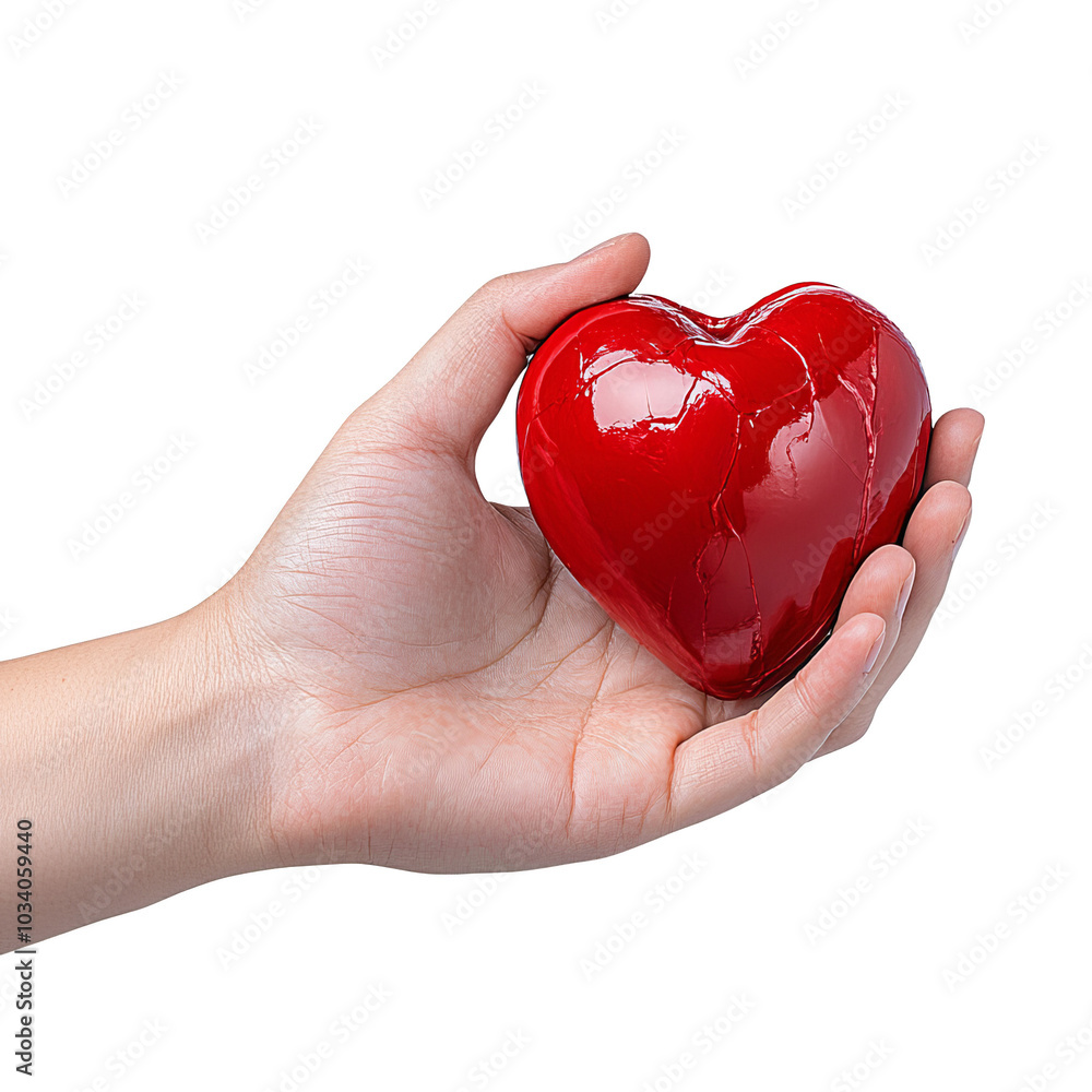 Fototapeta premium Hand holding a shiny red heart symbolizing love and affection, white isolate background