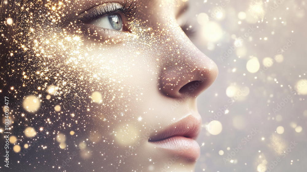 A serene face covered in shimmering stars and soft light, symbolizing dreams, beauty, and a cosmic connection in a magical, ethereal setting. A serene face covered in shimmering stars and soft light, symbolizing dreams, beauty, and a cosmic connection in a magical, ethereal setting.