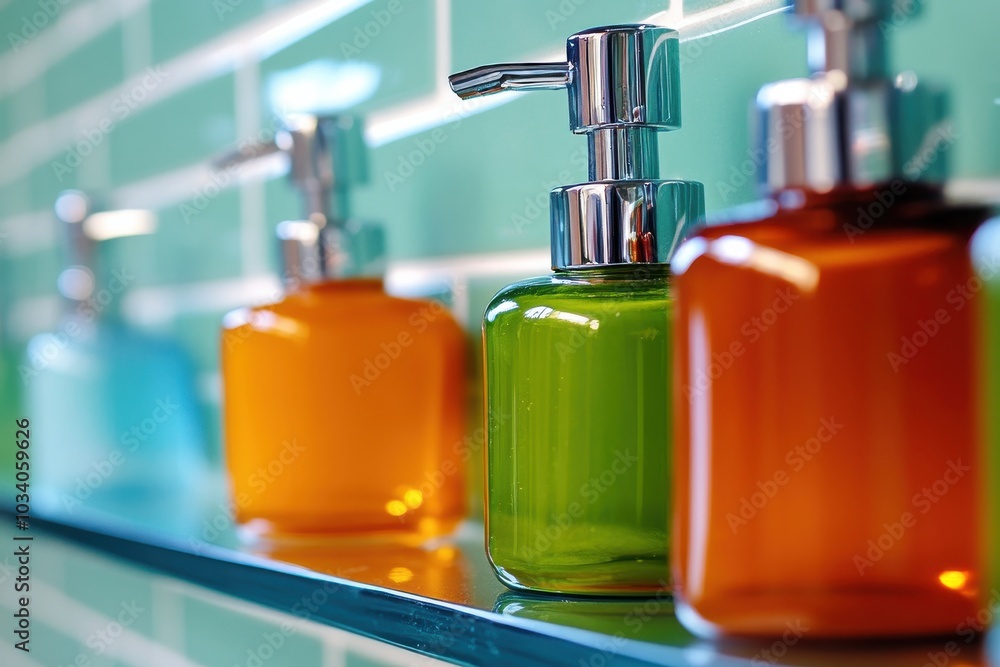 Bathroom Shelves Displaying Colorful Liquid Soaps Bathroom Shelves Displaying Colorful Liquid Soaps