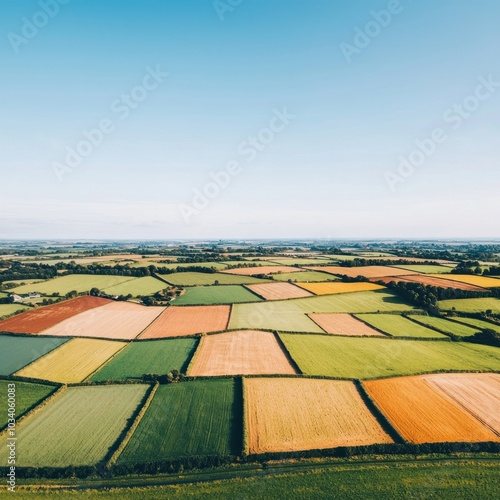 Vibrant patchwork of farmland under a clear blue sky showcasing the beauty of agricultural landscapes in nature's palette photo