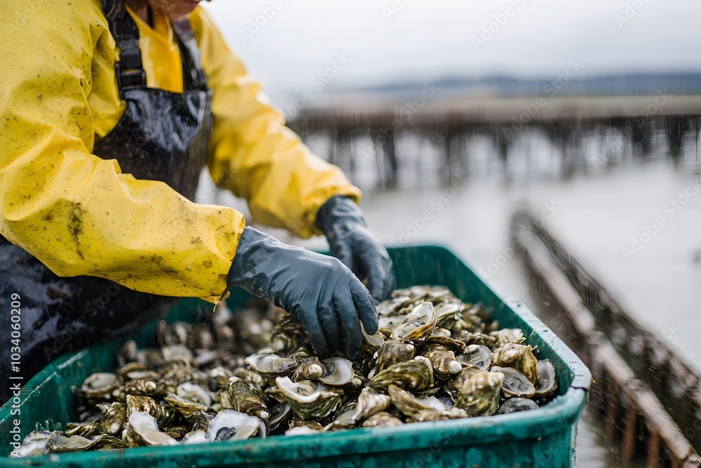 Oyster Farmer Sorting Freshly Harvested Oysters Oyster Farmer Sorting Freshly Harvested Oysters