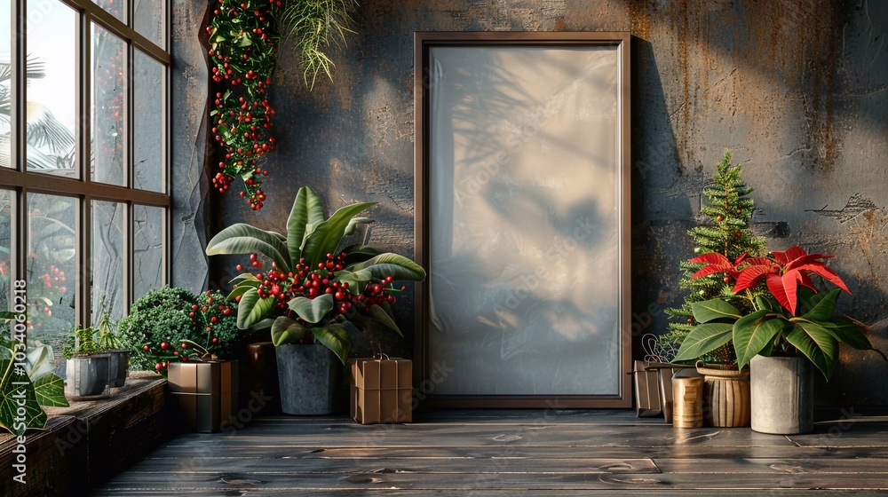 Mock up poster frame in classroom natural wooden furniture with Christmas decorations and Christmas tree simple cozy interior background Mock up poster frame in classroom natural wooden furniture with Christmas decorations and Christmas tree simple cozy interior background