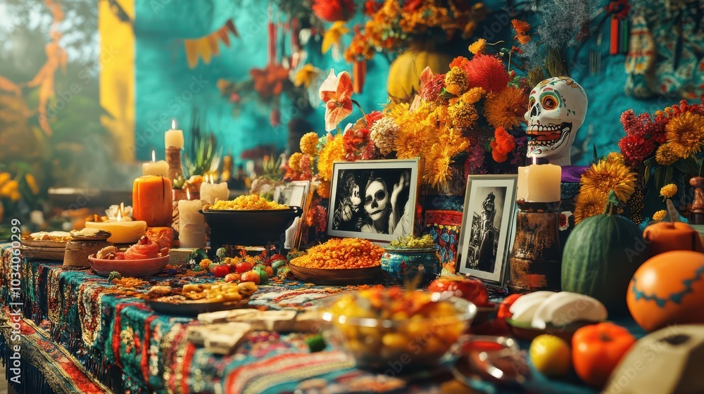 A colorful and festive Day of the Dead altar with food, flowers, candles, and photos. A colorful and festive Day of the Dead altar with food, flowers, candles, and photos.