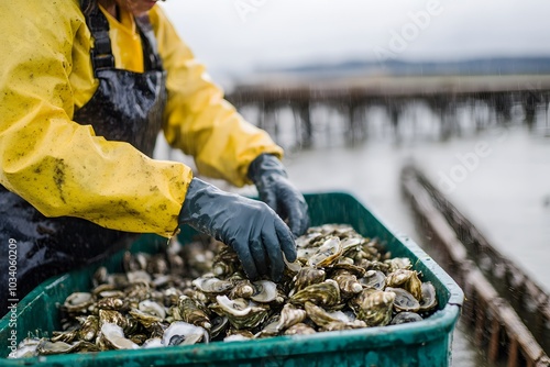 Oyster Farmer Sorting Freshly Harvested Oysters photo