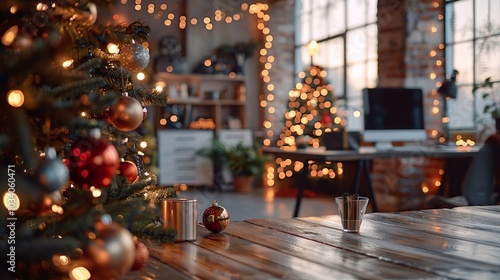 Home workplace background with Decorated Christmas, white wall and simple office items on the table