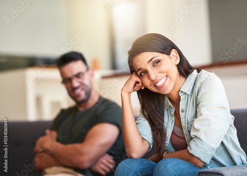 Portrait, house and relax with couple on sofa, happiness and bonding together in living room. Face, people and man with woman on couch, romantic or care with trust, relationship or marriage in lounge