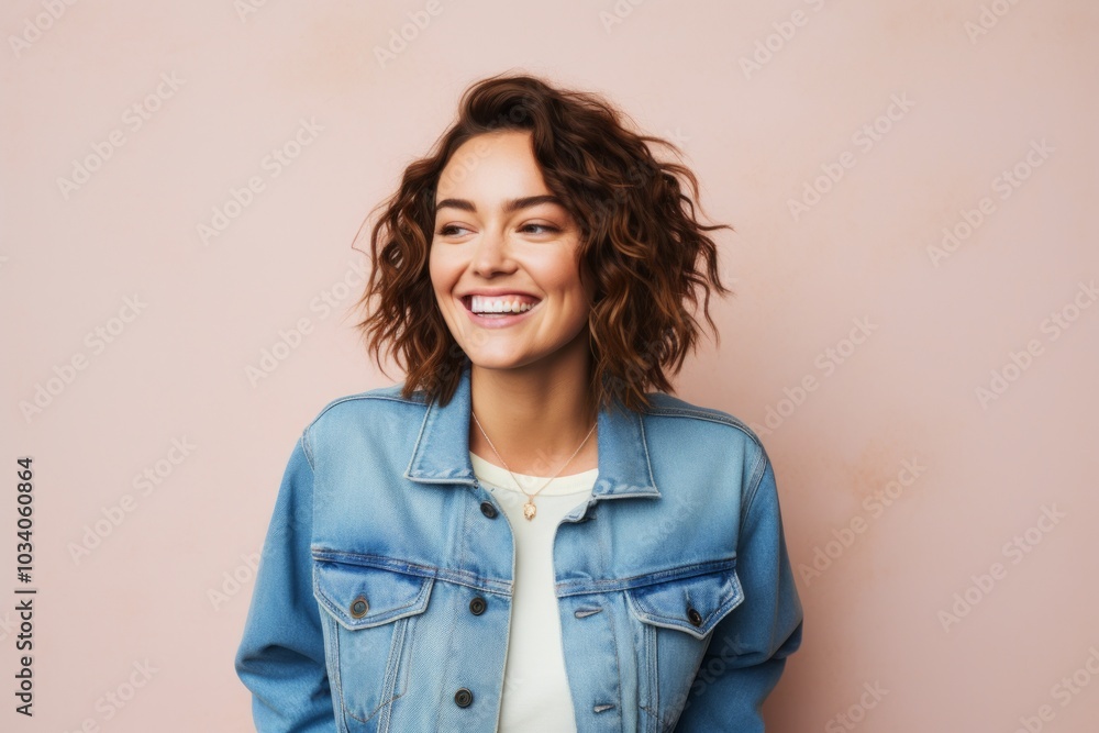 Portrait of a grinning woman in her 30s sporting a rugged denim jacket isolated on pastel or soft colors background