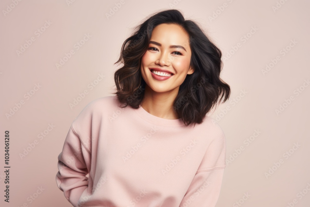 Portrait of a glad asian woman in her 30s dressed in a comfy fleece pullover in pastel or soft colors background