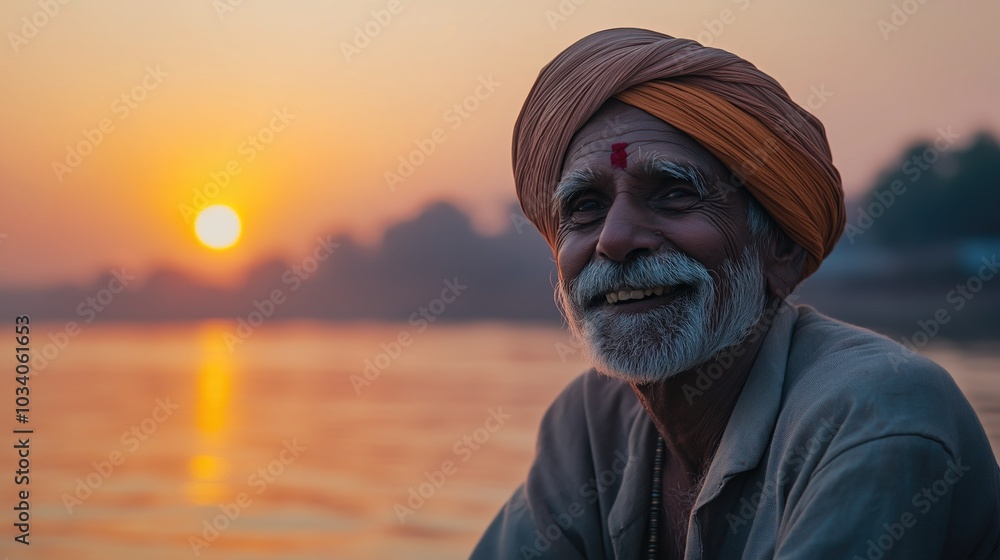 Peaceful sunrise reflection with smiling elderly man in traditional attire by riverbank Peaceful sunrise reflection with smiling elderly man in traditional attire by riverbank