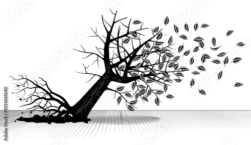 Tableau sur toile Uprooted and fallen tree with leaves flying away from the wind