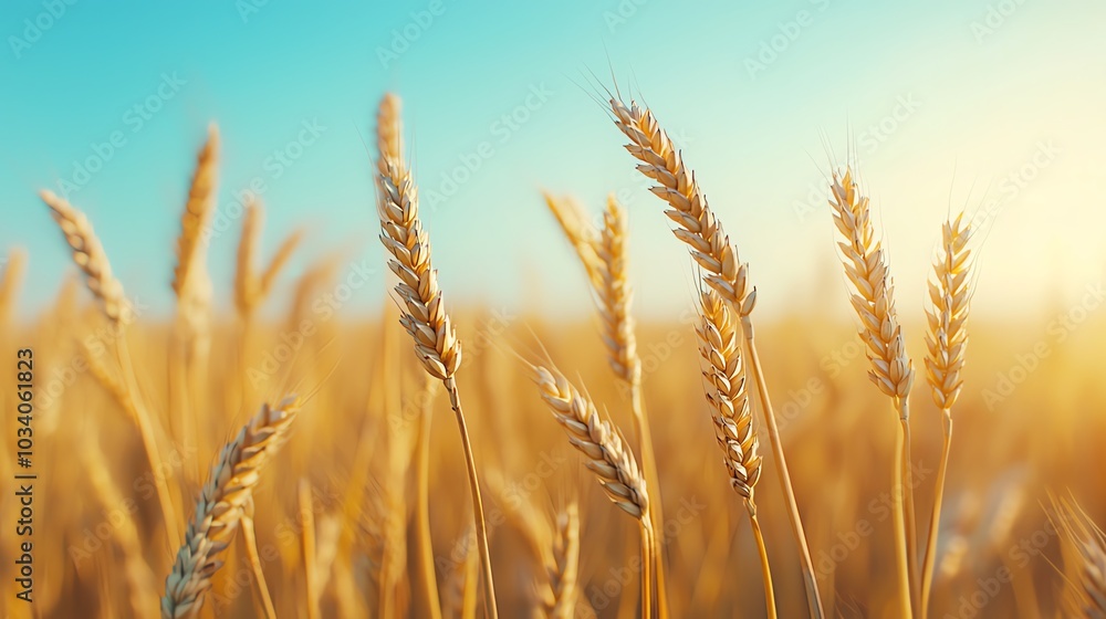 Golden wheat field swaying in the wind, lowangle shot, soft sunlight casting a warm glow on each stalk Golden wheat field swaying in the wind, lowangle shot, soft sunlight casting a warm glow on each stalk