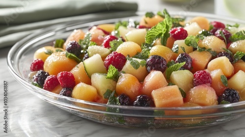 A clear glass bowl filled with a refreshing summer fruit salad. It features diced cantaloupe and honeydew melon, raspberries, blackberries, and sprigs of mint.