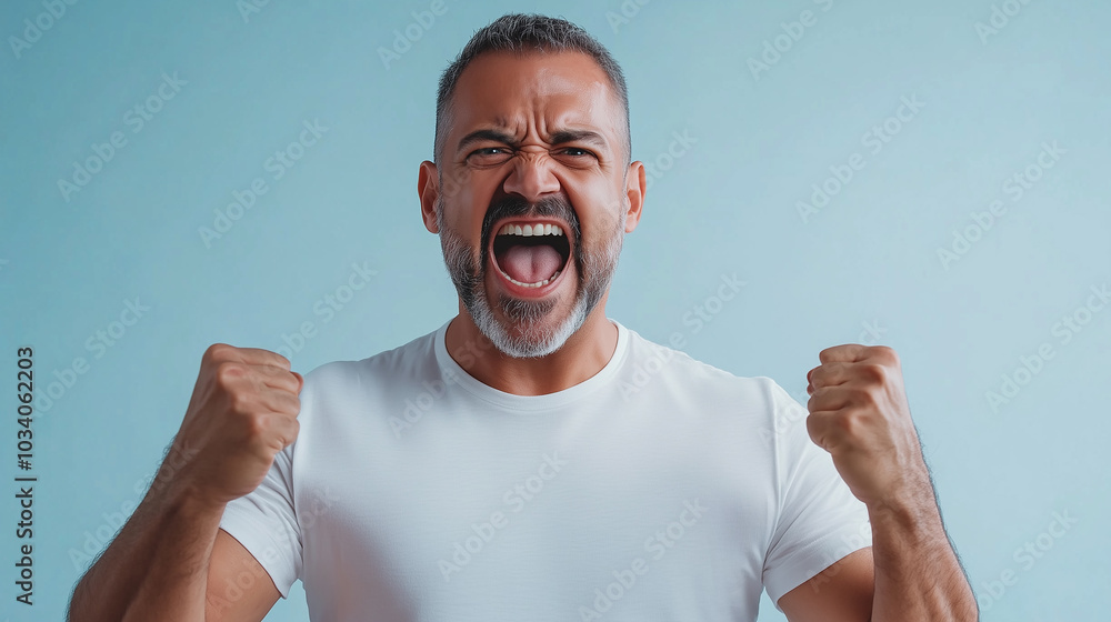 Excited man shouting with clenched fists, expressing joy and triumph, isolated against a blue background in a powerful display of emotion. Excited man shouting with clenched fists, expressing joy and triumph, isolated against a blue background in a powerful display of emotion.
