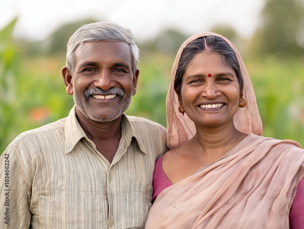 Happy elderly couple smiling in nature with greenery in the background Happy elderly couple smiling in nature with greenery in the background