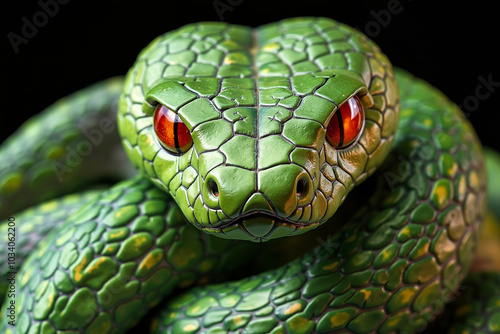 A close up of a green snake with red eyes photo