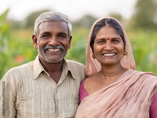 Happy elderly couple smiling in nature with greenery in the background