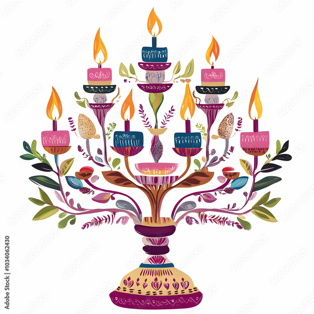 Fototapeta premium A colorful menorah with candles and floral designs, symbolizing celebration and light.