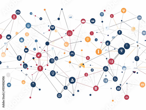 Flat Floating Policy Network Concept: Medium Shot of Interconnected Policy Nodes Pulsating with Energy, Revealing Area Labels & Connection Strengths - Isolated on White Background in Simple Flat Vecto