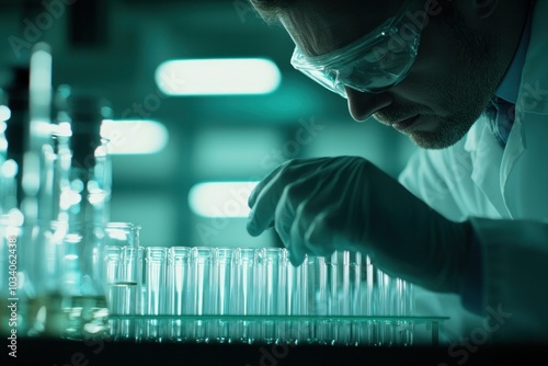 Focused scientist analyzing test tubes in a high-tech laboratory environment for groundbreaking research and discoveries