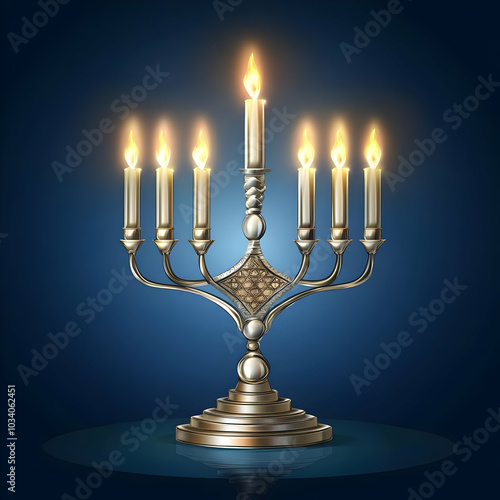 A silver menorah with eight lit candles, symbolizing the Jewish festival of Hanukkah. photo