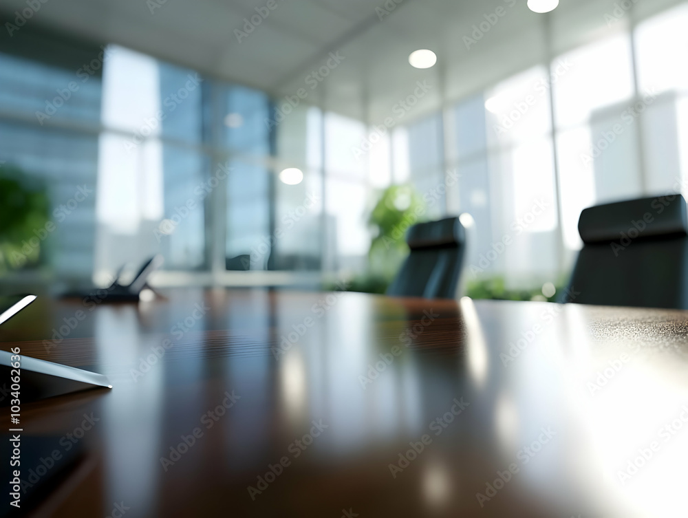 A modern conference room with a polished wooden table and large windows. A modern conference room with a polished wooden table and large windows.