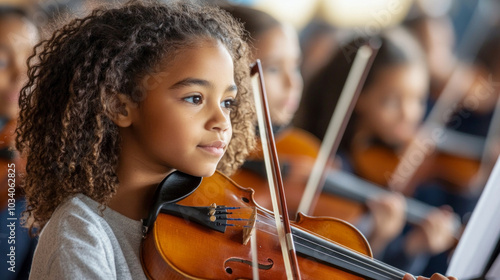 Young musicians prepare for a recital in a bright room, focused as they tune their instruments before performing together photo