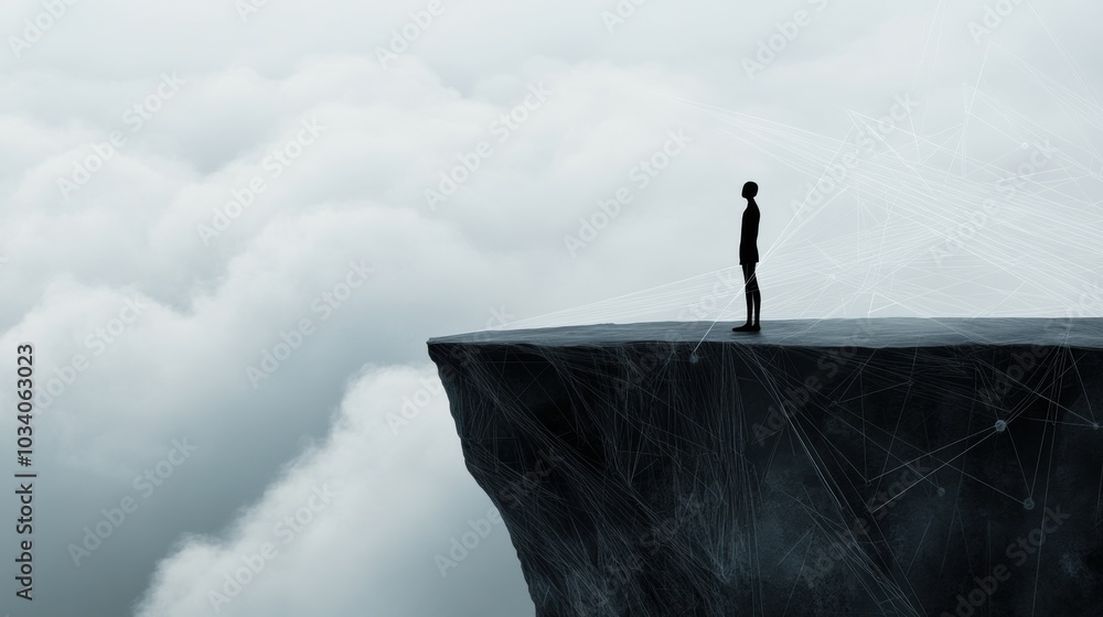 A lone figure stands on a cliff, gazing into a sea of clouds below, AI A lone figure stands on a cliff, gazing into a sea of clouds below, AI