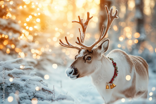 A reindeer with a bell around its neck stands in the snow photo