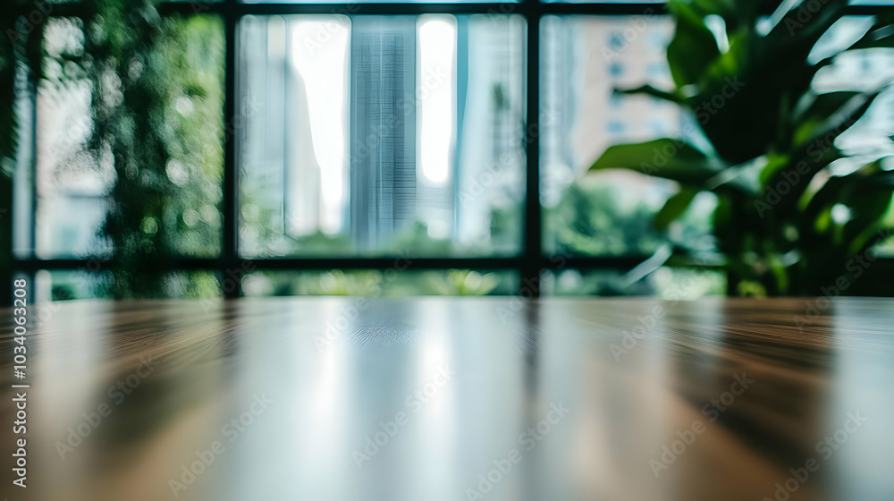 A blurred view of a modern workspace with a wooden table and greenery in the background. A blurred view of a modern workspace with a wooden table and greenery in the background.