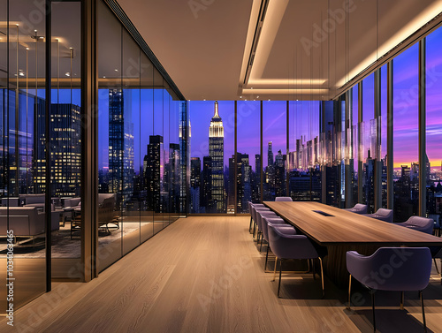Modern office interior with city skyline view at sunset.