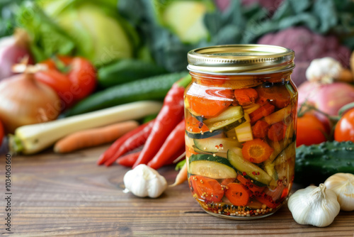 Jar with assorted pickled vegetables on kitchen counter with different veggies on background photo