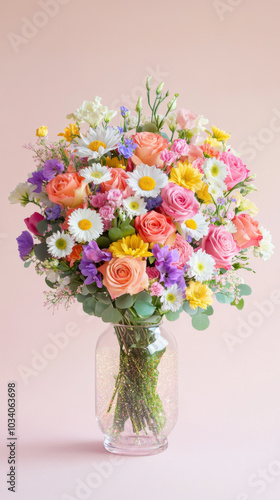 Vase with colorful flowers including roses and daisies on light background