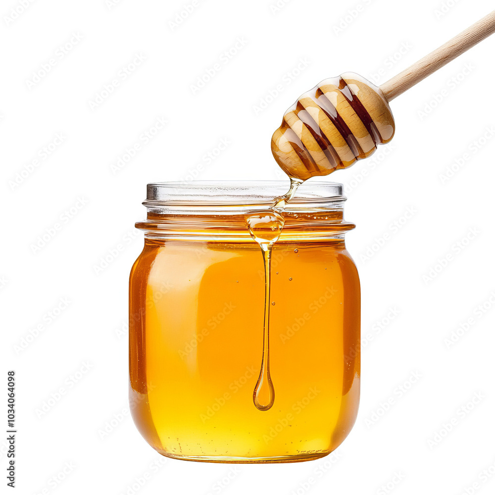 Honey jar dripping with honey, wooden dipper, white isolate background. Honey jar dripping with honey, wooden dipper, white isolate background.